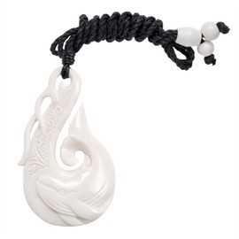 81stgeneration Women's Men's Hand Carved Bone Sea Waves Maori HEI Matau Hook Whale Pendant Necklace