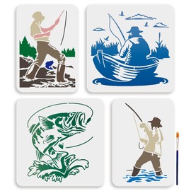 MAYJOYDIY 4Pcs Fishing Template 11.8x11.8/11.7x8.3inch Fisherman in Fishing Boat Stencil Reusable Fisherman Lake Fishing Rod Drawing Stencil for Wall Home Decor DIY Craft Canvas