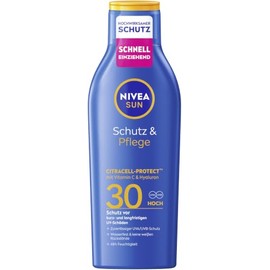 Nivea Sun Protection & Care Sun Lotion SPF 30, Waterproof Sun Protection with Vitamin C & Hyaluron, Quick-Absorbing Sun Cream for 48 Hours of Moisture without White Film (200 ml)