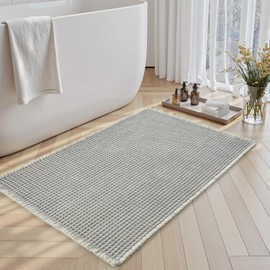 SIXHOME 50 x 80 cm Grey/White Bath Mat, Super Absorbent Waffle with Tassels, Bath Mat, Non-Slip Machine Washable Bath Mat for Bathroom