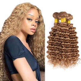 Honey Blonde Bundles 27 Blonde Deep Wave 3 Bundles Grade 8A Brazilian Remy Human Hair Extension Pure #27 Human Hair Bundle Double Weft Bundle For Black Woman 24 26 28 Inch