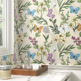 WESTICK Colorful Floral Peel and Stick Wallpaper Butterfly Floral Contact Paper for Walls Removable Botanical Flower Wall Paper for Kids Bedroom Cabinets Nursery Room Shelf Liner 17.5"x100"