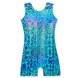 Domusgo Gymnastics Leotards for Girls Size 5-6 Years Old Shiny Emerald Leopard Sleeveless Biketards