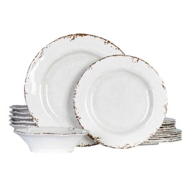 ZAROCRUS Vintage Melamine Dinnerware Sets, 18 Piece Lightweight and Unbreakable Outdoor Plates and Bowls Set, RV Dishes Set of 6, Chip Resistant Kitchen Plate Set for Indoor and Outdoor Use, White