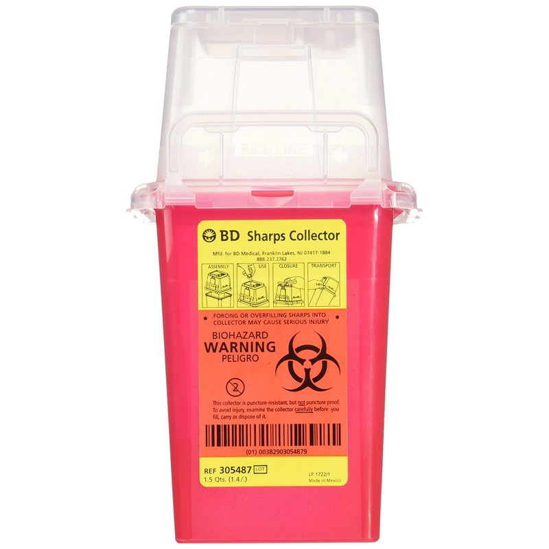 BD Nestable Sharps Container, 1.5 qt, Pre-Assembled, One-Way Funnel, Latex-Free