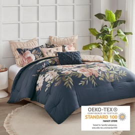 Madison Park Comforter Set, Floral Queen Size Comforter Sets, Cotton Bedding Comforters, Microfiber Reverse, All Seasons Lightweight Bed Set, Bedskirt, Throw Pillows, Camillia, Queen Navy 8 Piece