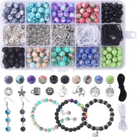 Colle 419pcs Lava Stone Crystal Alloy Beads Kit 8mm Chakra Beads DIY Craft Jewelry Making Kit Christmas Theme Plastic BoxColor: 419pcs, Size: Standard