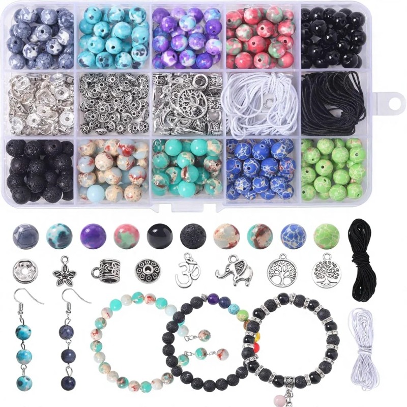 Colle 419pcs Lava Stone Crystal Alloy Beads Kit 8mm Chakra