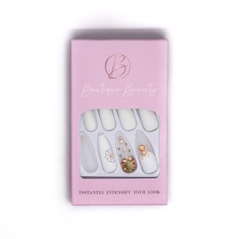 Boutique Beauty Premium Press On Nails ~ Unique, Durable, Trendy Designs with Adhesive Tabs ~ Long Coffin Shape (White Widow)