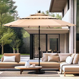 PHI VILLA 10ft Patio Umbrellas, Outdoor 3 Tier Vented Large Market Table Umbrella with 8 Sturdy Ribs and 1.5" Umbrellla Pole for Lawn Poolside Garden Terrace, Beige(No Base)