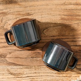 LUKA Porcelain Stackable Espresso Cups with Saucers and Metal Stand, 4 Ounce Small Ceramic Demitasse Cups Set for Latte, Specialty Coffee Drinks, Cafe Mocha,Tea - Set of 4, Reactive Dark Green