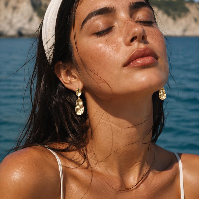 YUJIE Lightweight Gold Hammered Teardrop Dangle Earrings for Women 14K