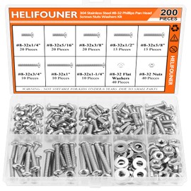 HELIFOUNER 200 Pieces #8-32 Phillips Pan Head Machine Screws Nuts Washers Assortment Kit, Coarse Thread, Fully Machine Threaded, 304 Stainless Steel