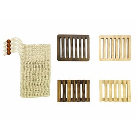 4 Pack Wooden Soap Dishes and 4 Pack Soap Exfoliating Bag, Hand Made Self Draining Soap Holders, Bar Soap Dishes for Bathroom, Shower, Kitchen