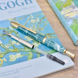 Jinhao 10 Series Press Fountain Pen Marble Blue Retractable Extra Fine Nib with Ink Converter and Metal Pen Box Set (Golden Clip Version)