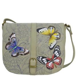 Anna by Anuschka Women's Hand-Painted Leather Flap Crossbody, Butterfly Garden Taupe, One Size