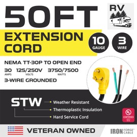Iron Forge Cable 30 Amp 50 ft RV Replacement Cord, 10/3 Gauge 30 Amp RV Extension Cord, NEMA TT-30P to Open End 3 Wire, 10 Gauge Heavy Duty 250V STW Electrical Wire for Camper