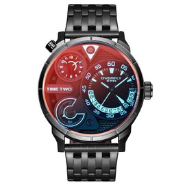 Alienwork XXL Oversized Men's Watch Calendar 2 Time Zones, Bracelet