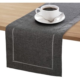 BIPASION Handmade Hemstitch Table Runner Farmhouse Style Table Runner Dresser Scarf for Everyday Dining Wedding Party Holiday Home Decor (12 x 71 Inches, Dark Grey)