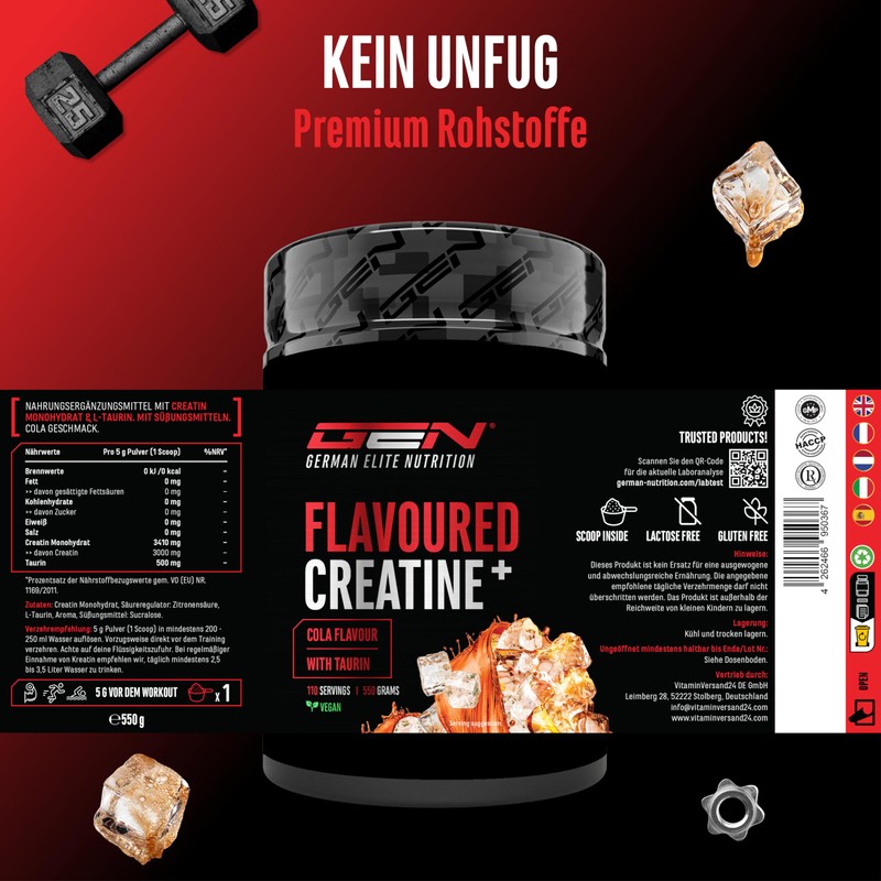 Flavoured Creatine Pulver - 550g - Creatin Monohydrat + L-Taurin