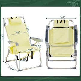 Tall Beach Chair,Folding Tall Backpack Beach Chair with 5 Positions,Lightweight Beach Camping Chairs with Cooler Bag,Cup Holders,Towel Bar for Adults (Yellow)