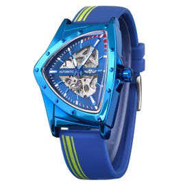 FORSINING Skeleton Watches for Men, Automatic Mechanical Watch with Triangle Dial, Luminous Self Winding Watches Soft Silicone Strap