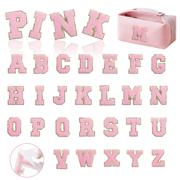 MXCOIRTP Self-Adhesive Chenille Letters Patches, 26PCS Pink Letter Stickers on