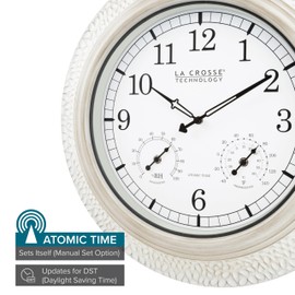 La Crosse Technology 433-29917-INT 21" Indoor/Outdoor Atomic Analog White-Washed Hammered Metal Wall Clock