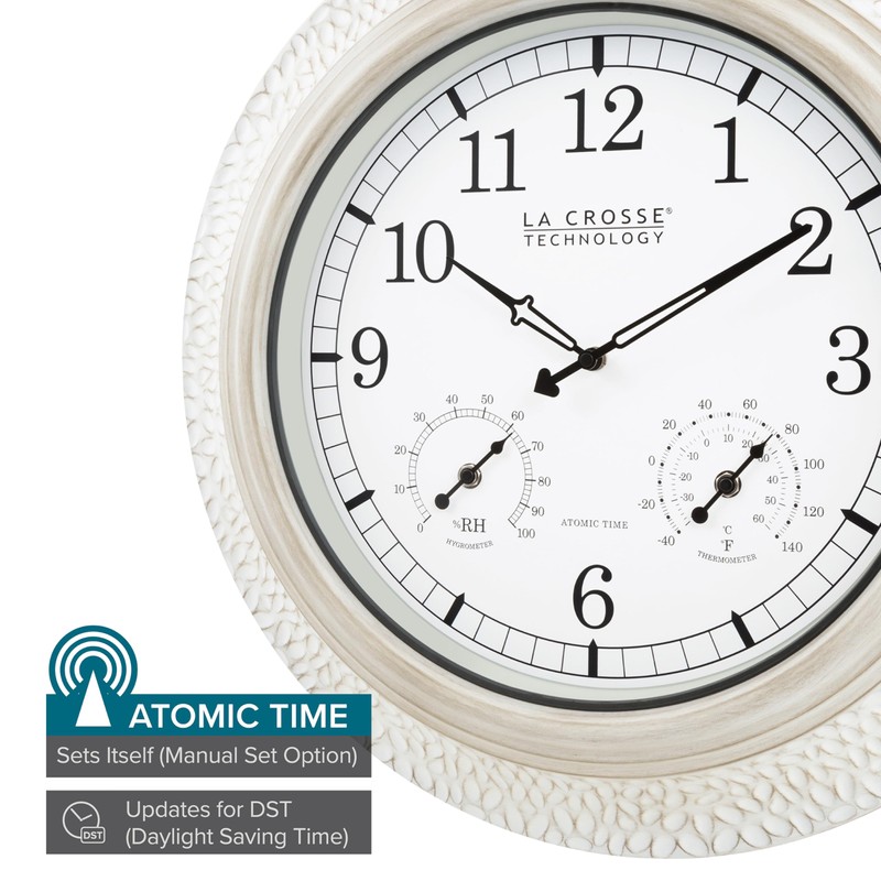 La Crosse Technology 433-29917-INT 21" Indoor/Outdoor Atomic Analog White-Washed Hammered