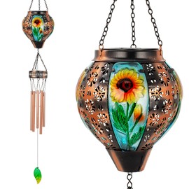 VEWOSTAR Solar Wind Chimes for Outside,Sunflower Hanging Wind Chime,LED Solar Lanterns Windchimes,Memorial Wind Chimes for Mom Women,Outdoor Wind Chime Deep Tone,Sunflower Windchime for Garden Yard