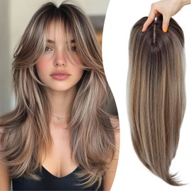 Synthetic Hair Topper with Bangs 18 Inch Layered Toppers for Women with Thinning Hair 5.5" x 5" Hand-Woven Forehead Hairline 360° 3D Cover Wispy Synthetic Toppers Hair for Women Fiber Wiglets