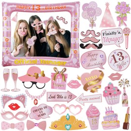 ORUZA 13th Birthday Photo Booth Props, 33 PCS 13th Funny DIY Birthday Party Props and Pink Gold Inflatable Selfie Frame, Birthday Party Decorations for Women Men