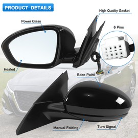 Paderson Left Driver Side Mirror Assembly Fits 2019 2020 2021 2022 2023 2024 Nissan Altima Sedan with Power Glass Heated Turn Signal Manual Folding Match Black Replace NI1320313(6Pins)