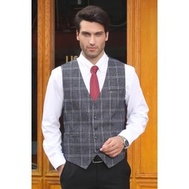 HISDERN - Chaleco de traje para hombre, formal de negocios, a cuadros, chaleco ajustado para hombres con 3 bolsillos para traje o esmoquin, A7-blue & Grey, Large