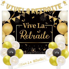 JOYMEMO Retirement Party Decorations Vive La Retraite Banner and Satin Sash Black Gold Backdrop for Men Women Happy Retirement Supplies