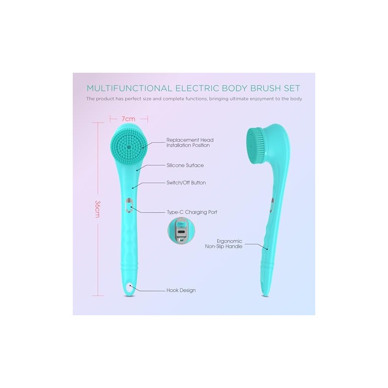 Voyor Cepillo Corporal Eléctrico Depurador Espalda Silicona Cabezal Giratorio Bidireccional