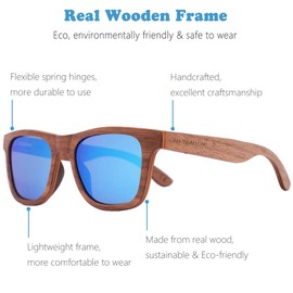 An Swallow Mens Wooden Sunglasses Polarised for Men Women, Womens Wood Sunglasses Bamboo Case with Strap (Walnut Wood, Blue Lens, Round Wood Case)