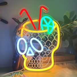 Skull Neon Sign,Pineapple Juice Cup Neon Sign for Juice Shop, Home Decor, Bar, Kitchen, Bedroom, Living Room, Bathroom, Party, 14.34x10.1inch