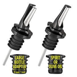 3-in-1 Liquor Pour Spout | Olive Oil Spout with Built-in Caps for Optimal Fly and Dust Protection - Dishwasher Safe, Hygienic Alcohol Speed Spouts - Black 2 PCs with 2 Adapters for Large Neck Bottles