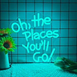 Allball Oh The Places You'll Go Neon Sign, Ice Blue Neon Light USB Powered Dimmable LED Neon Light, for Bedroom Living Room Travel Adventure Wall Decor, Inspirational Quote Wall Decor(11.8 * 11.4 In)