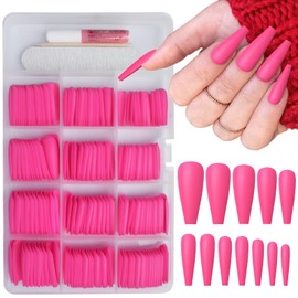 AddFavor 240pcs Coffin Press on Nails Long Pink Full Cover Fake Nails Matte Ballerina False Nail Tips for Women and Girls, Hot Pink Nails