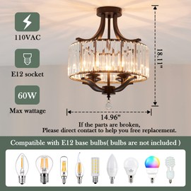 Piepooye Modern Crystal Chandelier 4 Lights Black Semi Flush Mount Ceiling Light Fixture E12 Metal Farmhouse Chandelier for Dining Room Bedroom Hallway Entryway Kitchen