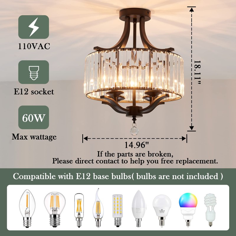 Piepooye Modern Crystal Chandelier 4 Lights Black Semi Flush Mount