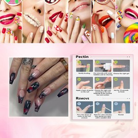 Rchovsam Black French Press on Nails Medium Coffin False Nails Red Rose Design Fake Nails Stick on Nails for Womens 24pcs