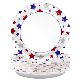 50Pcs Patriotic Round Paper Plates 10"Large Heavy Duty Disposable 4th of July American Flag Dessert Platter Red Blue White Stars Plate for Independence Memorial Day Veterans Party Supplies Decoration