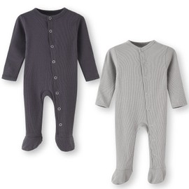 BINIDUCKLING Baby Popper Pyjamas with Foot, with Mittens Cuffs, Cotton - Long Sleeve Baby Romper Baby Pyjamas for Boys Girls 0-12 Months, Pack of 2 / 1 Pack, S3-Dark Grey & Light Grey