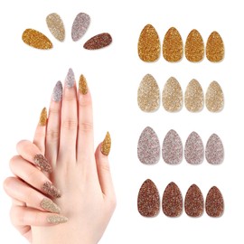 SIUSIO 96pcs Stiletto Chrome Powder Glitter Flakes Sequins Medium Length False Acrylic Nails Gold Silver