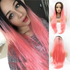 SereneWig 24" Ombre Pink Mermaid Wigs Long Straight Synthetic Lace Front Wigs for Women Cosplay Daily Party Use Bright Pink Ombre Heat Resistant Fiber Hair Women Replacement Lace Wigs Drag Queen