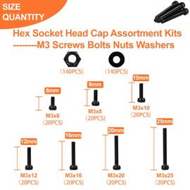 420pcs M3 Screw Kit, Premium M3 Bolts for 3D Printing, Hex Socket Head Cap Screw Assortment with Nuts and Washers, M3 x 6mm /8mm /10mm /12mm /16mm /20mm /25mm (Black)