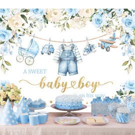 Glawry Baby Boy Backdrop for Photography 7Wx5H Feet Baby Shower It's a Boy Banner Cute Sweet Watercolor Blue Floral Roses Eucalyptus Dressing Party Decorations Photoshoot Background Photo Booth Studio